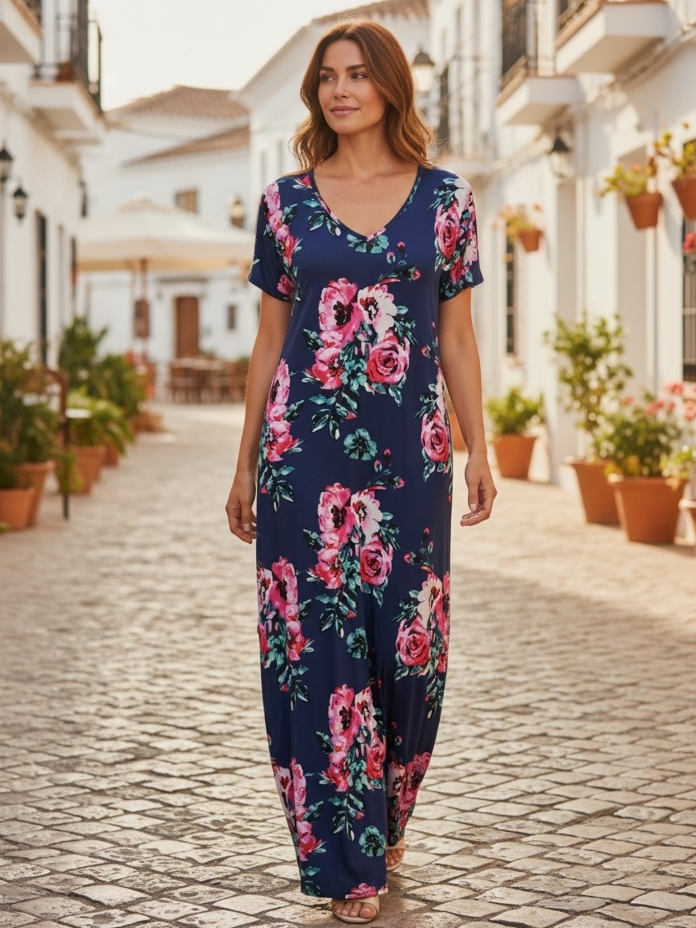 Grecerelle Navy Floral V-Neck Maxi Dress - Pink Rose Print